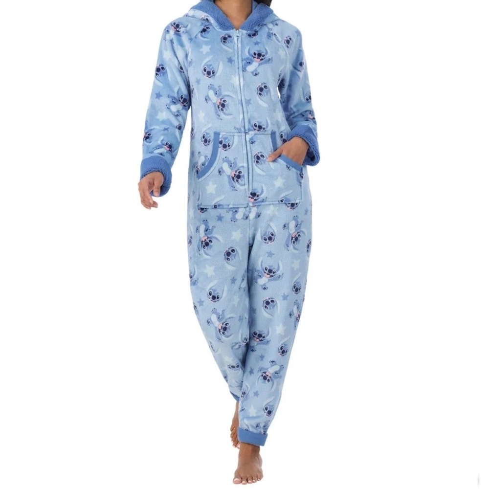 NWT Disney Stitch Womens One Piece Pajama Suit Blue Hooded Fleece Small Ohana